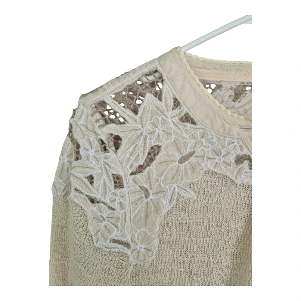 Free People Easy Breezy Henley-Floral Applique Beige Long Sleeve Top L